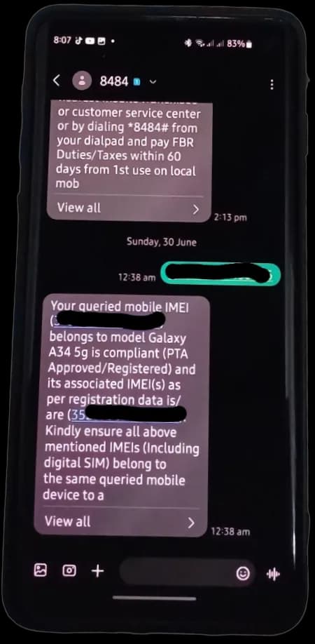 Checking a blocked IMEI number in Pakistan through the PTA system