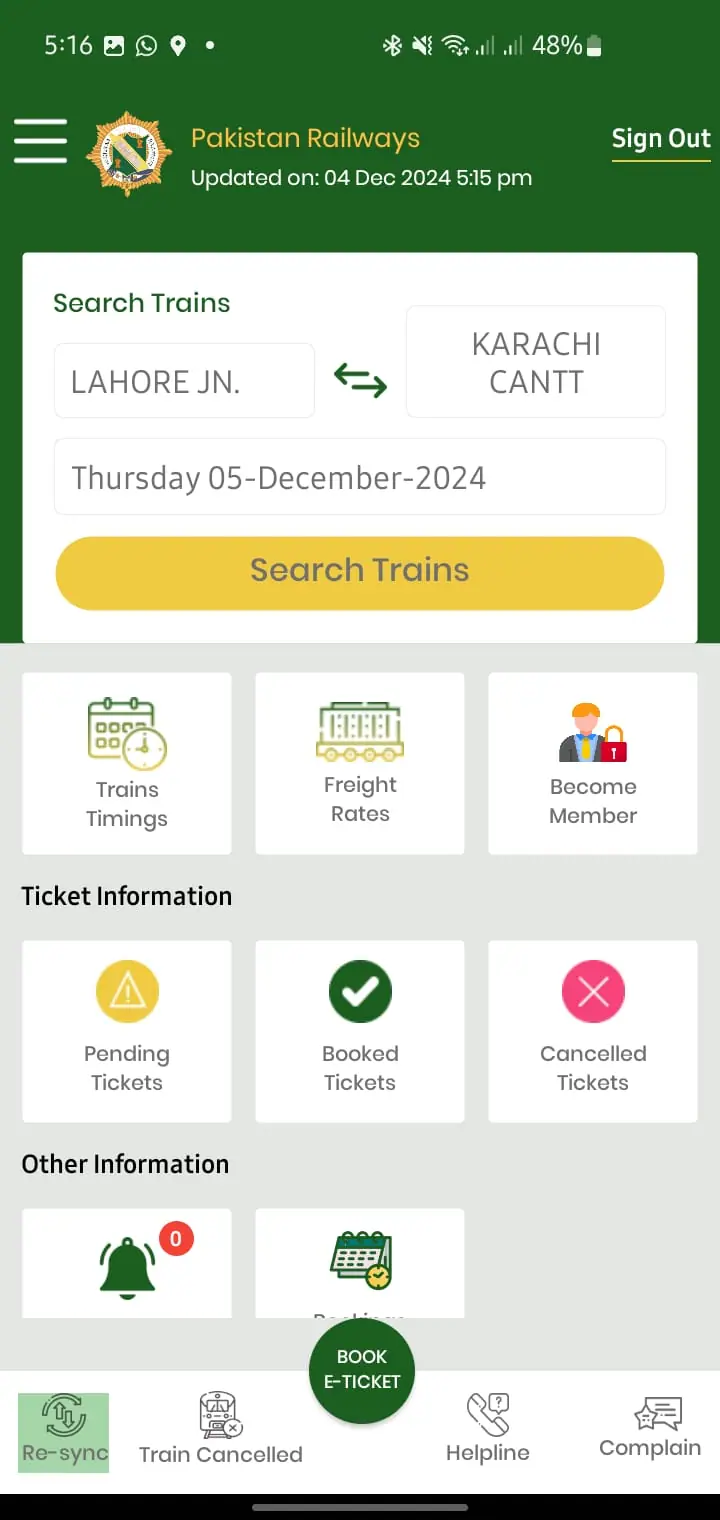 Select train timing and destination and search