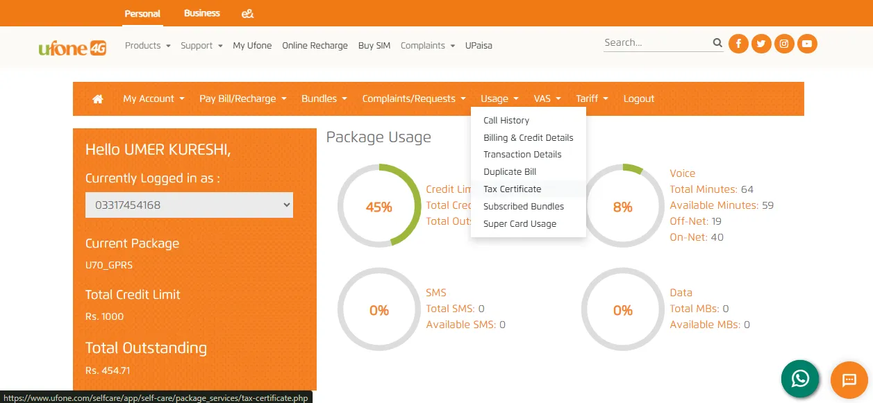 Ufone Self Care Portal