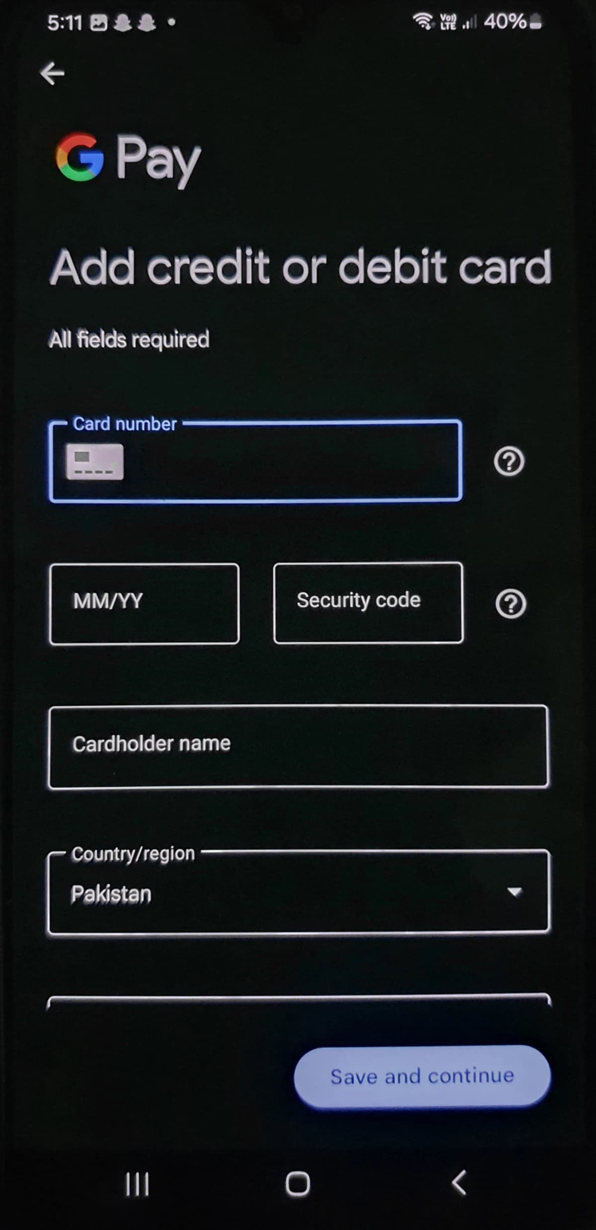 Add card details and press save and continue