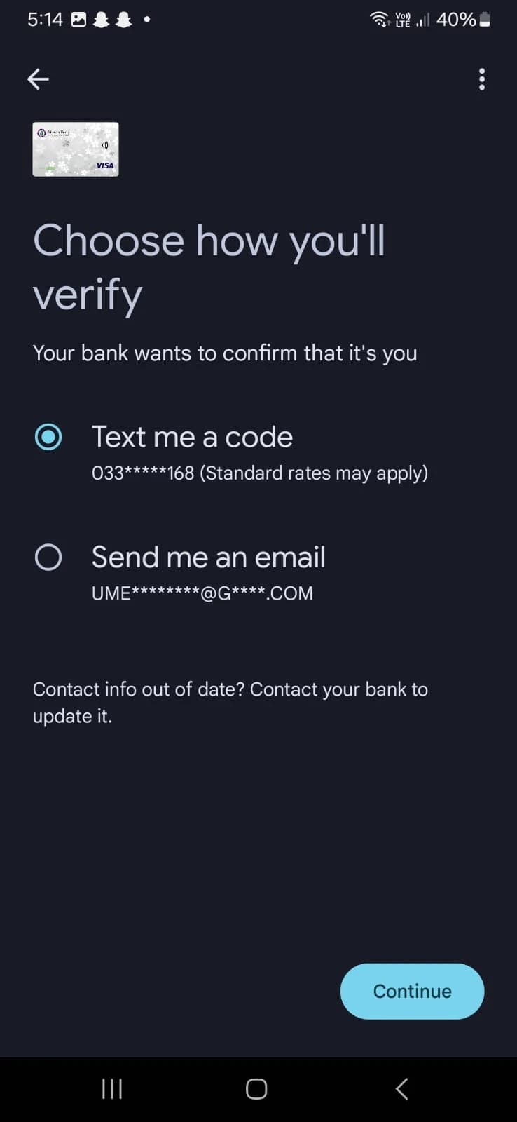 Choose verification method in google wallet