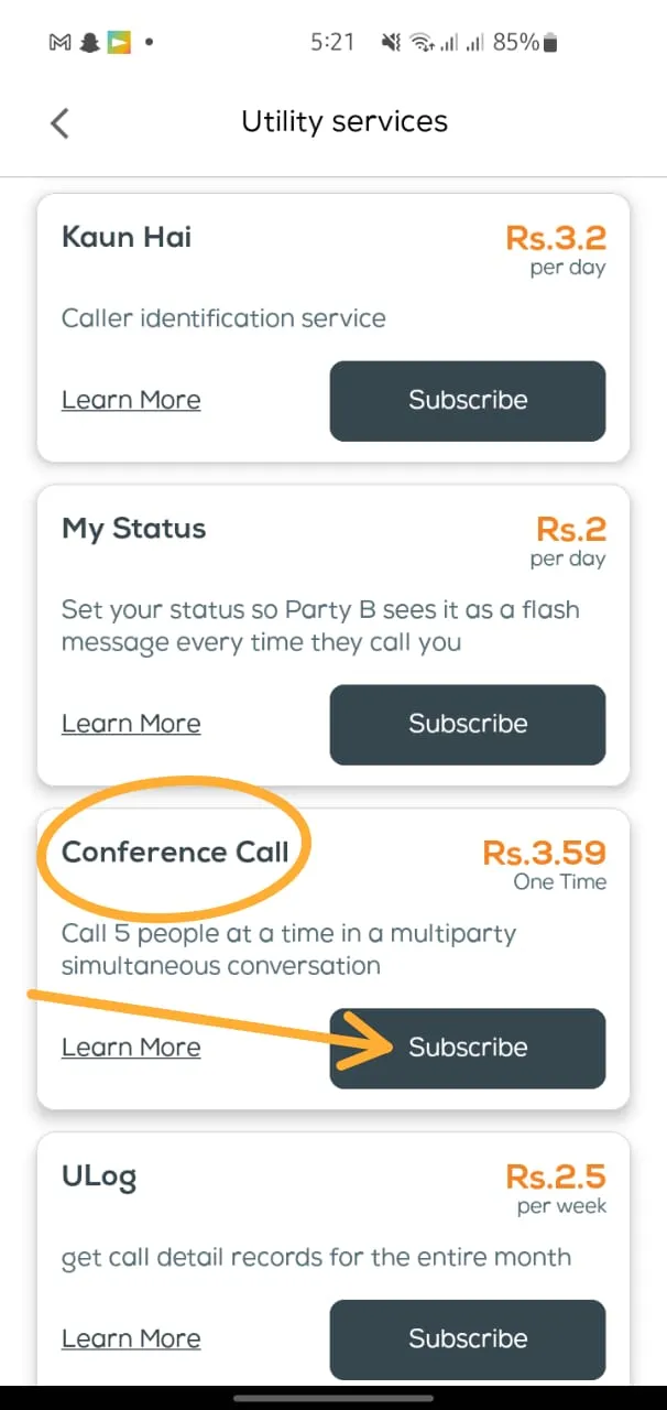 Finding Conference Call under VAS More Services in the UPTCL app