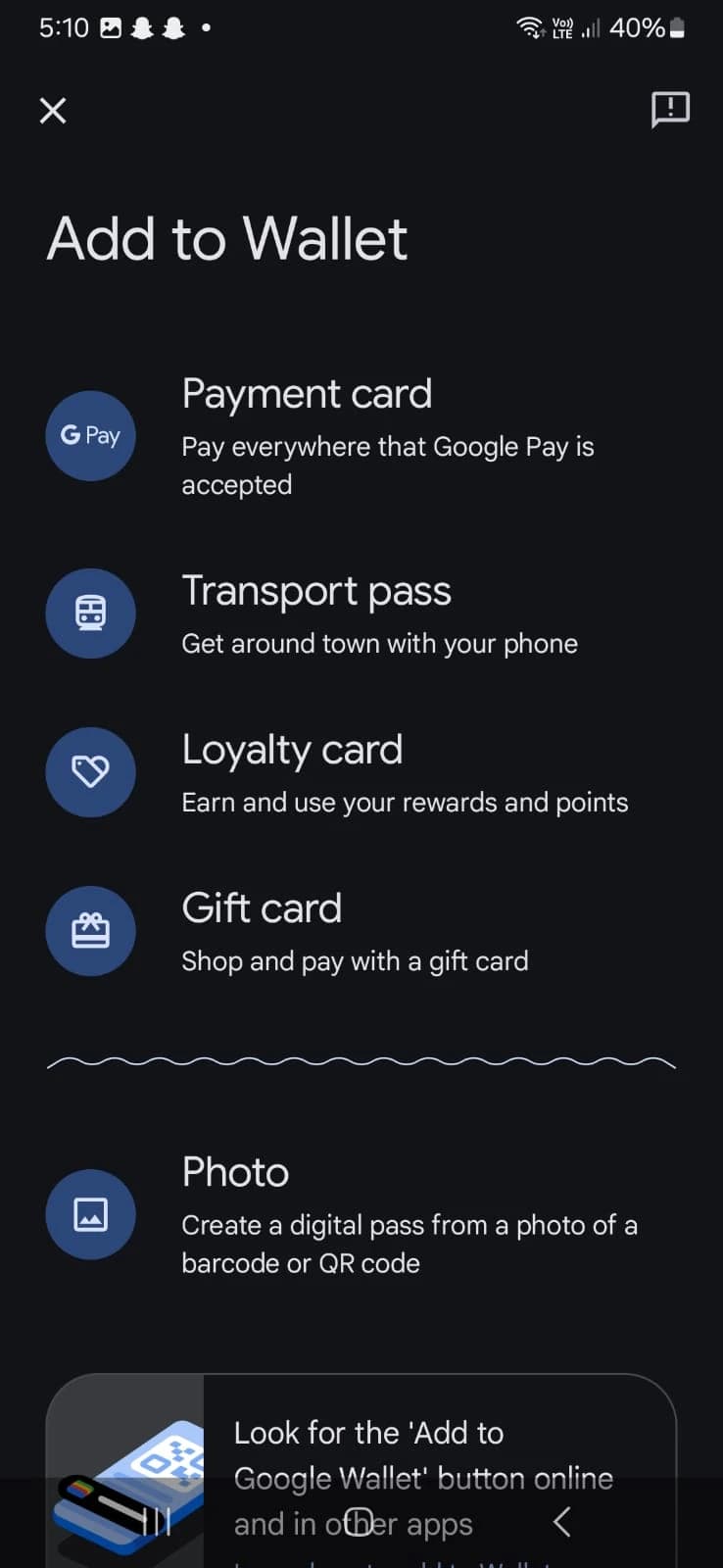 Select Payment Card in google wallet to add cards