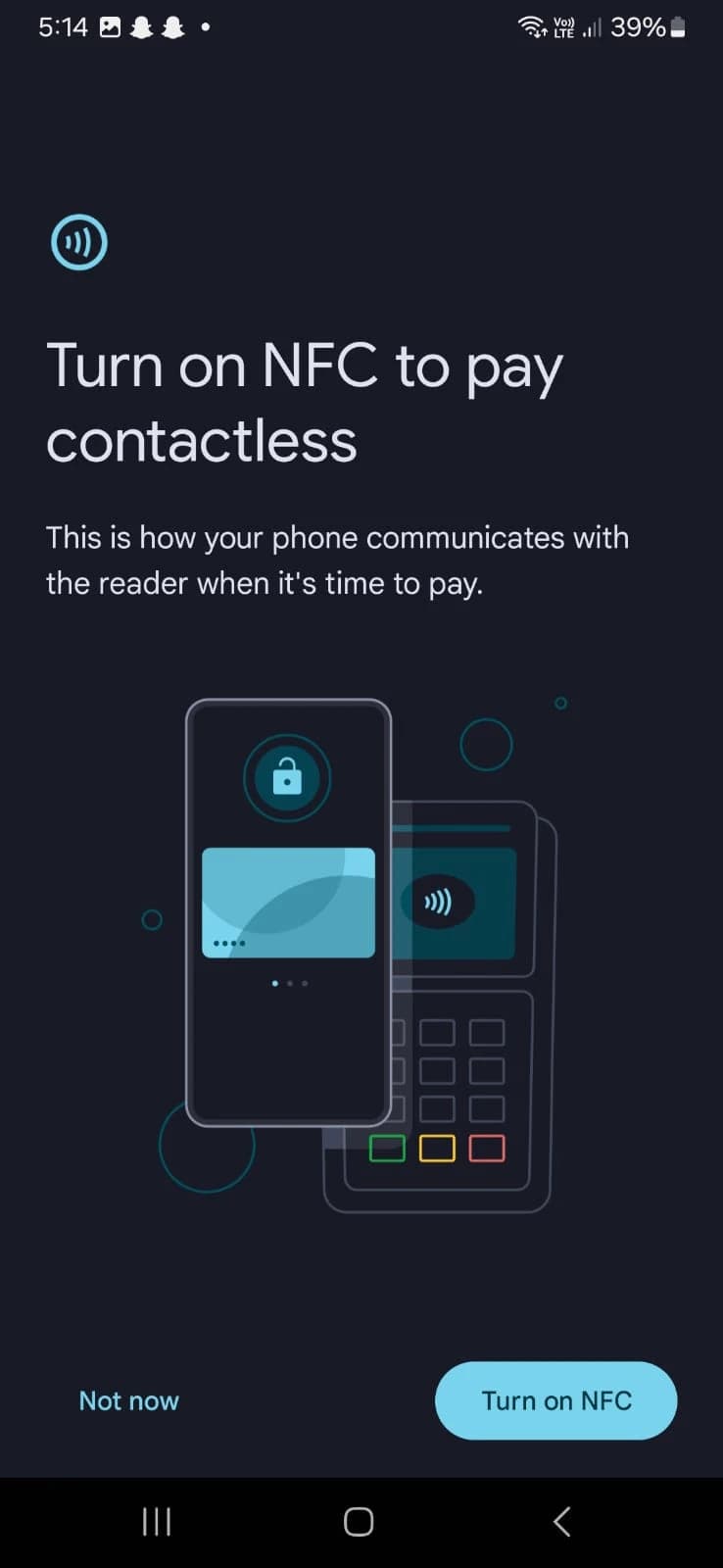 Turn on NFC to use google wallet and pay countless