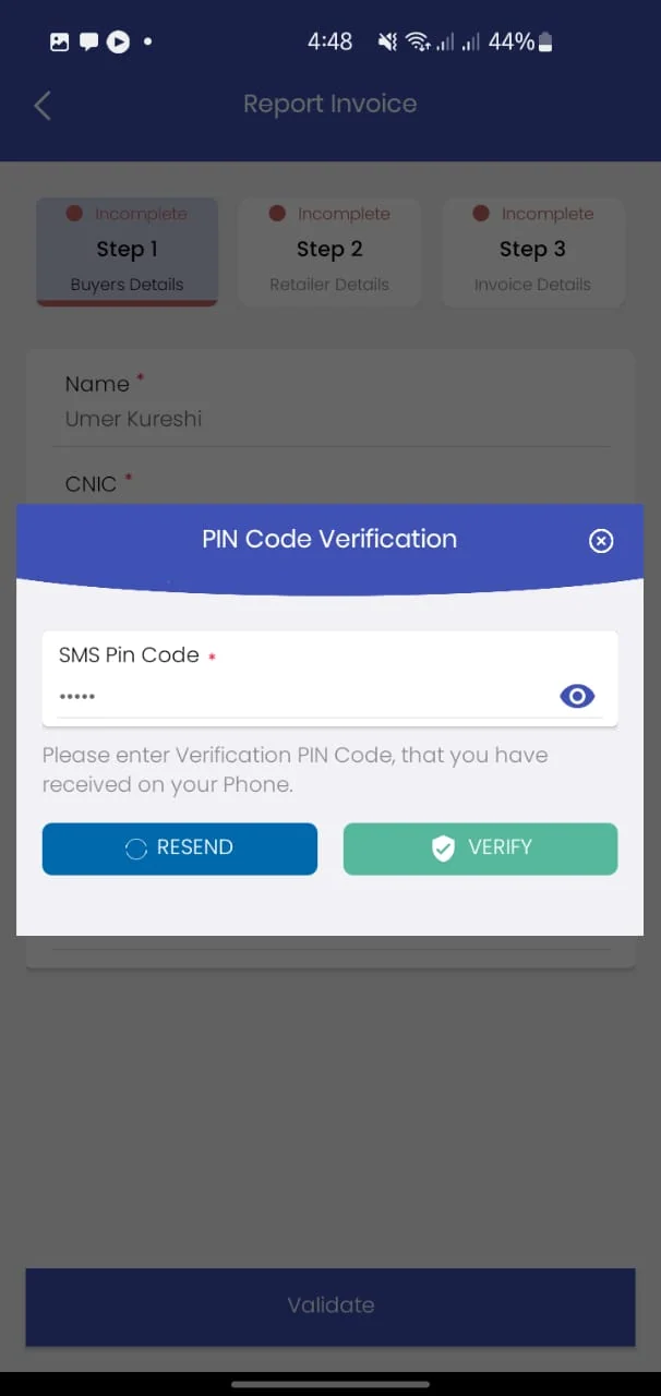 Enter otp to verify identity in tax asaan app