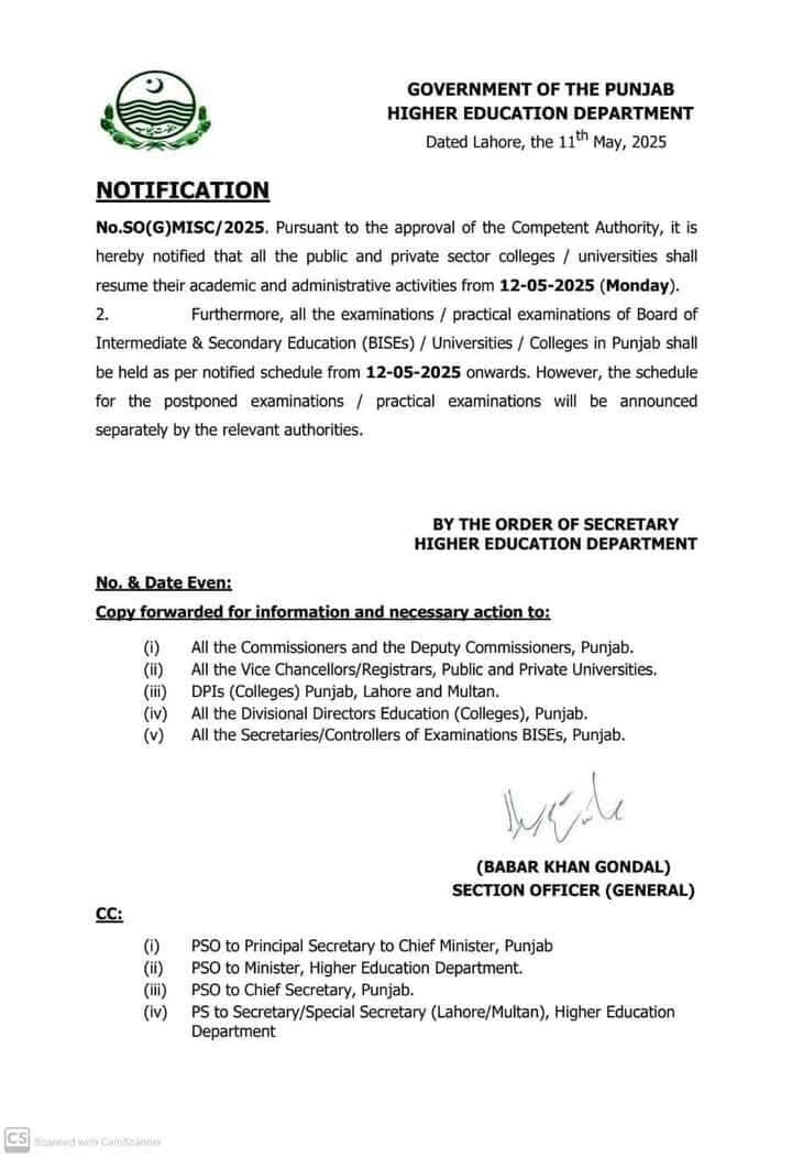 Goverment of Punjab Notification of Schools and Colleges Reopening