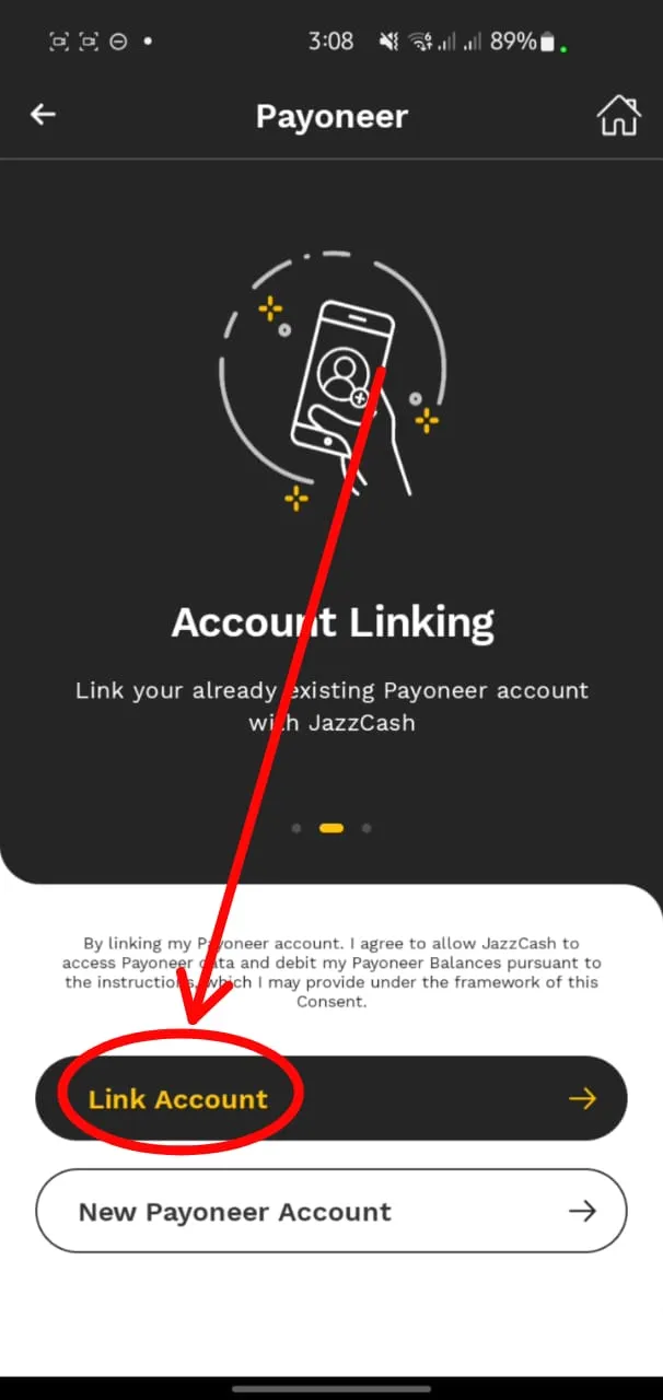 Payoneer account linking screen in JazzCash app with 'Link Account' button