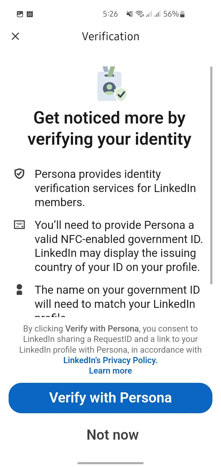 Persona interface showing LinkedIn verification requirements for Pakistani e-passport