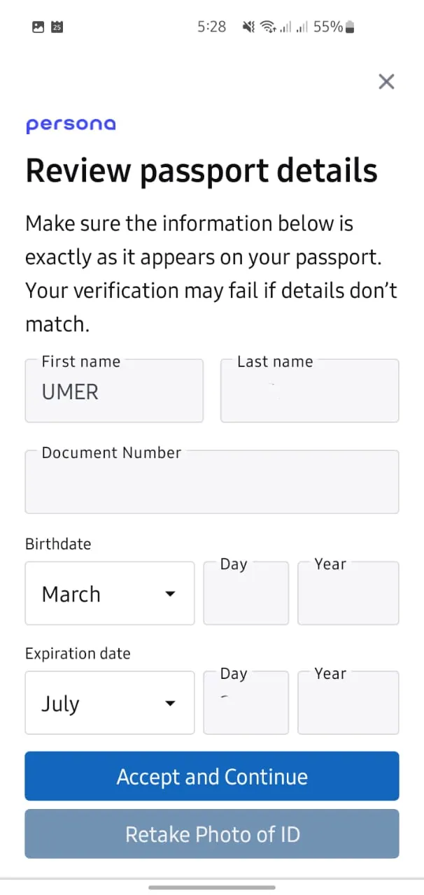 Reviewing e-passport details on Persona for LinkedIn verification in Pakistan