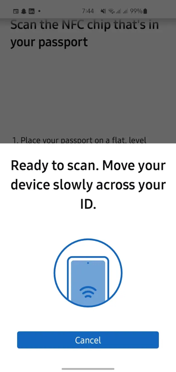 Smartphone scanning NFC chip in Pakistani e-passport for LinkedIn identity verification