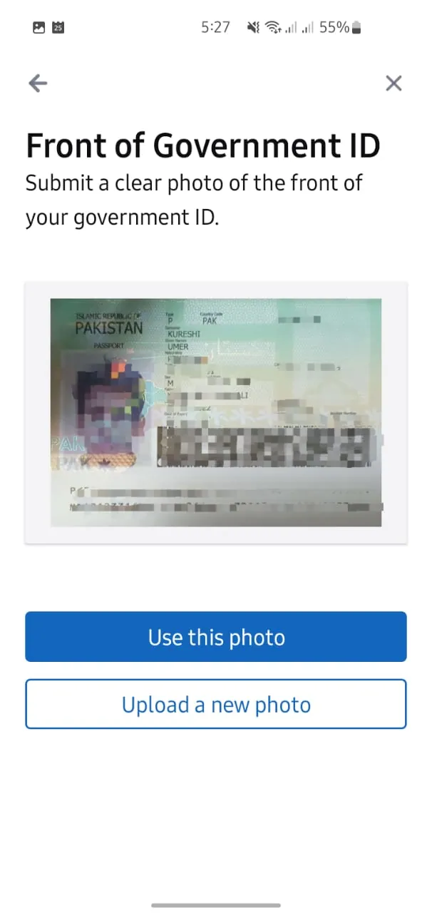Uploading clear e-passport photo for LinkedIn verification via Persona in Pakistan