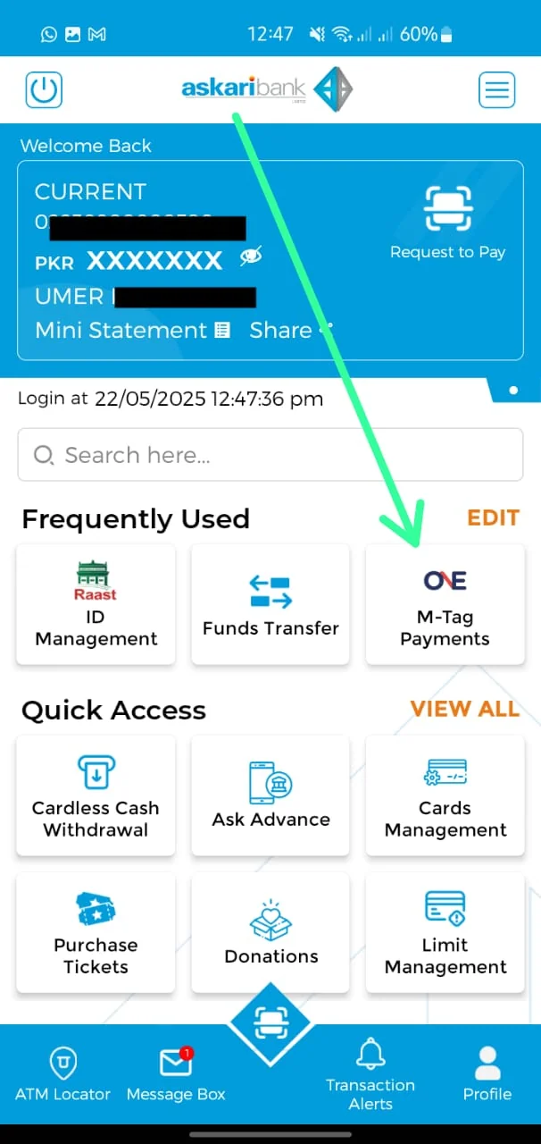 how to recharge mtag from bank app (askari bank, meezan, hbl, ubl, al falah, mcb, bank islamic)
